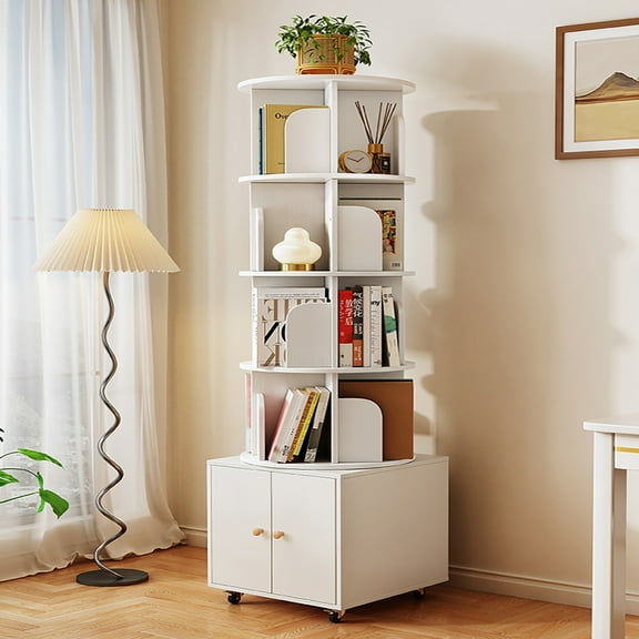 MIDOQIN Rotating Bookshelf, 5-Tier Corner Floor Standing Bookcase Shelf Organizer with Storage Drawer for Bedroom, Dorm, White