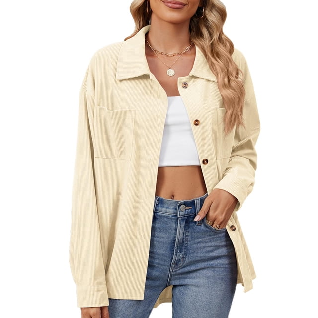 Posijego Veste Décontractée pour Femmes 2024 Automne Chemise à Revers Boutonnée Vestes Tendance Manteau avec Poches