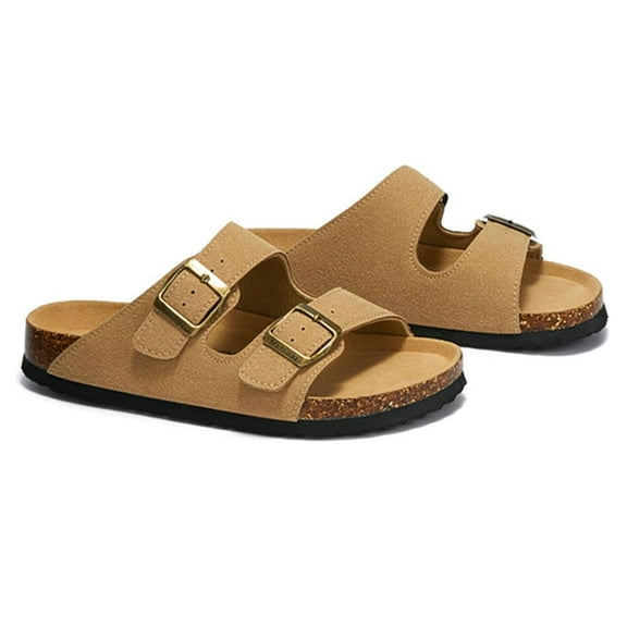 Womens Flat Sandals with Cork Footbed Anti slip frosted leather beach slippers