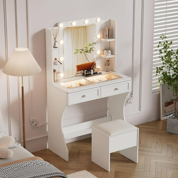 Vanity Desk with Mirror and Lights | 31.5" Modern Glass Top Makeup Vanity Set with 2 Drawers & Hidden Storage Stool | Small Space Dressing Table for Bedroom(White)