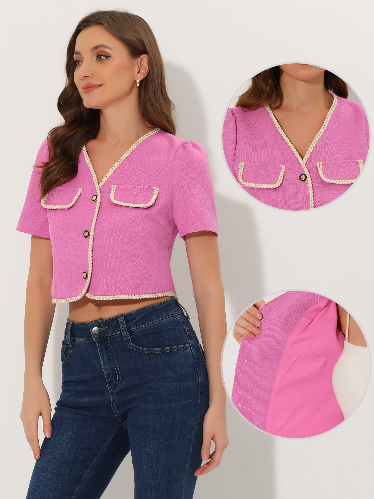 DARING DIVA Women's Contrast Trim Jacket Single Breasted Blazer M Pink