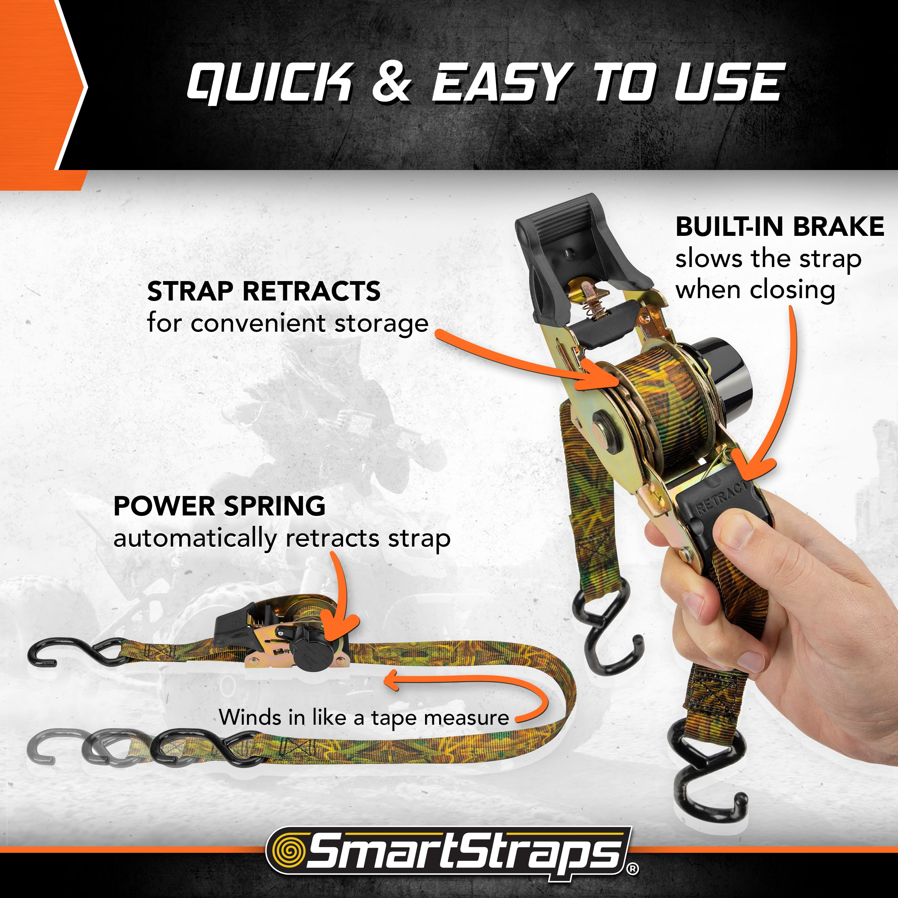 SmartStraps 1.5" x 10ft Retractable Ratchet Tie Down Straps, Camo, 2 Pack - 1,000lb SWL