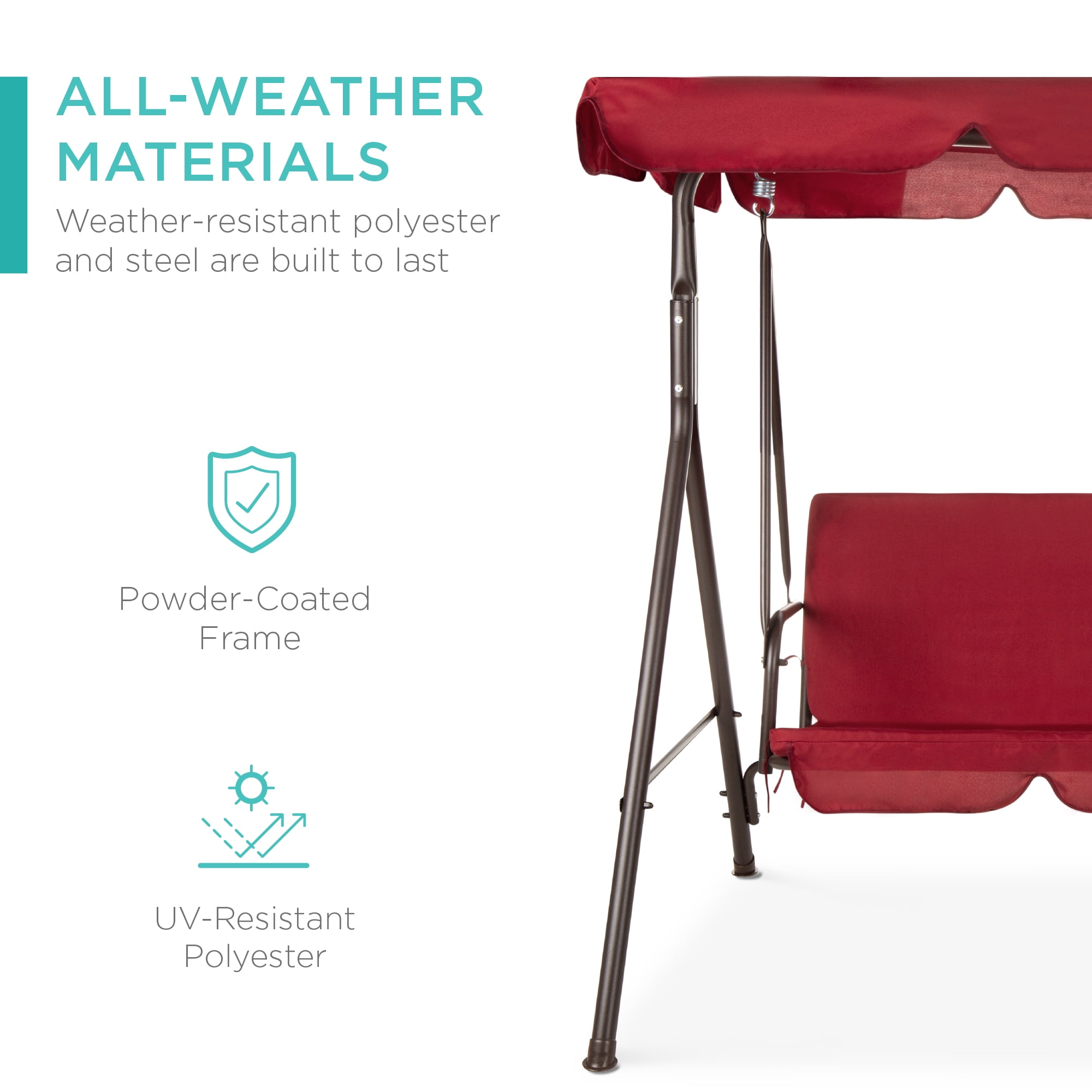 Best Choice Products 2-Person Outdoor Convertible Canopy Swing Glider Lounge Chair w/ Removable Cushions - Burgundy