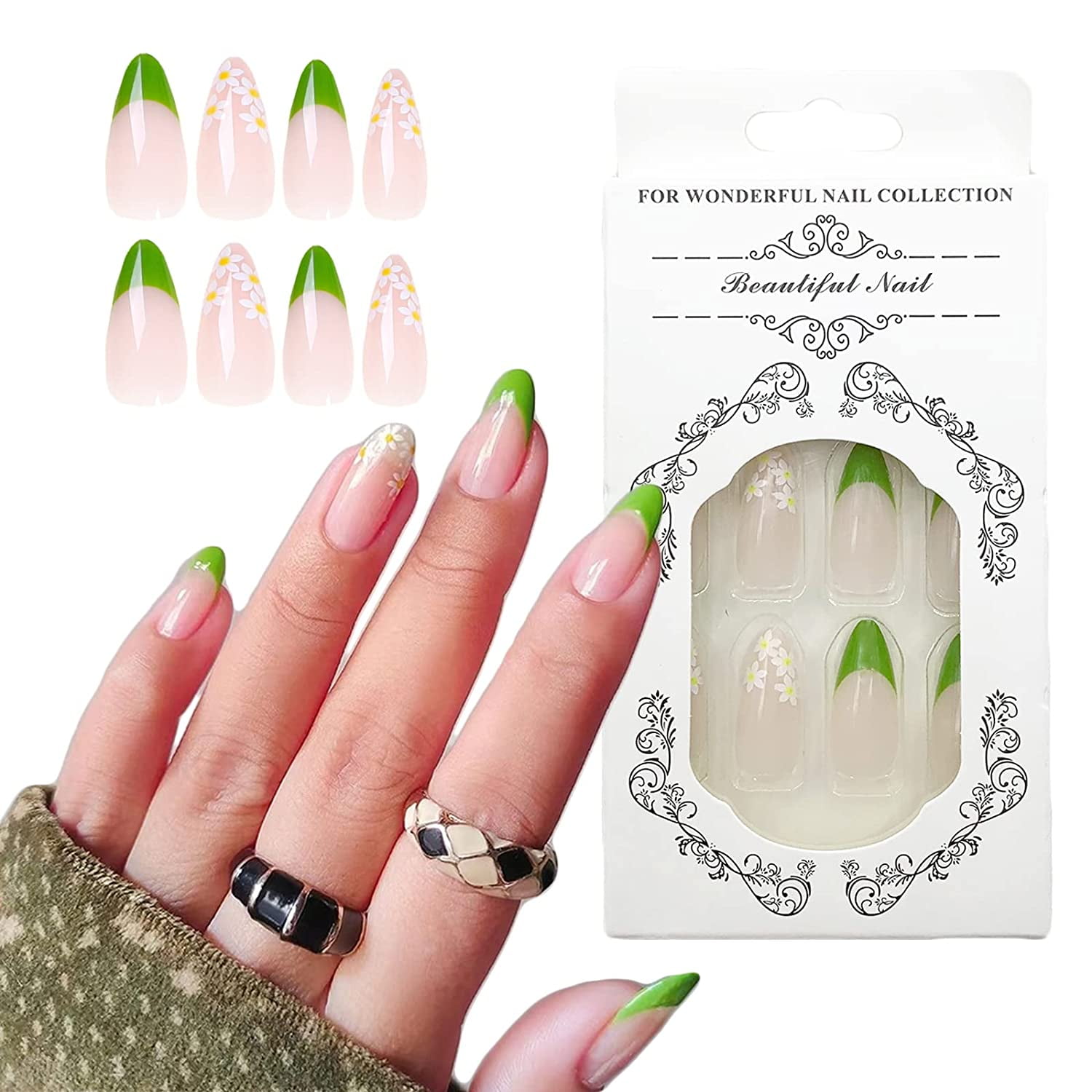 Green Daisy Nude Luxury Press On Nails – Prestige Nails