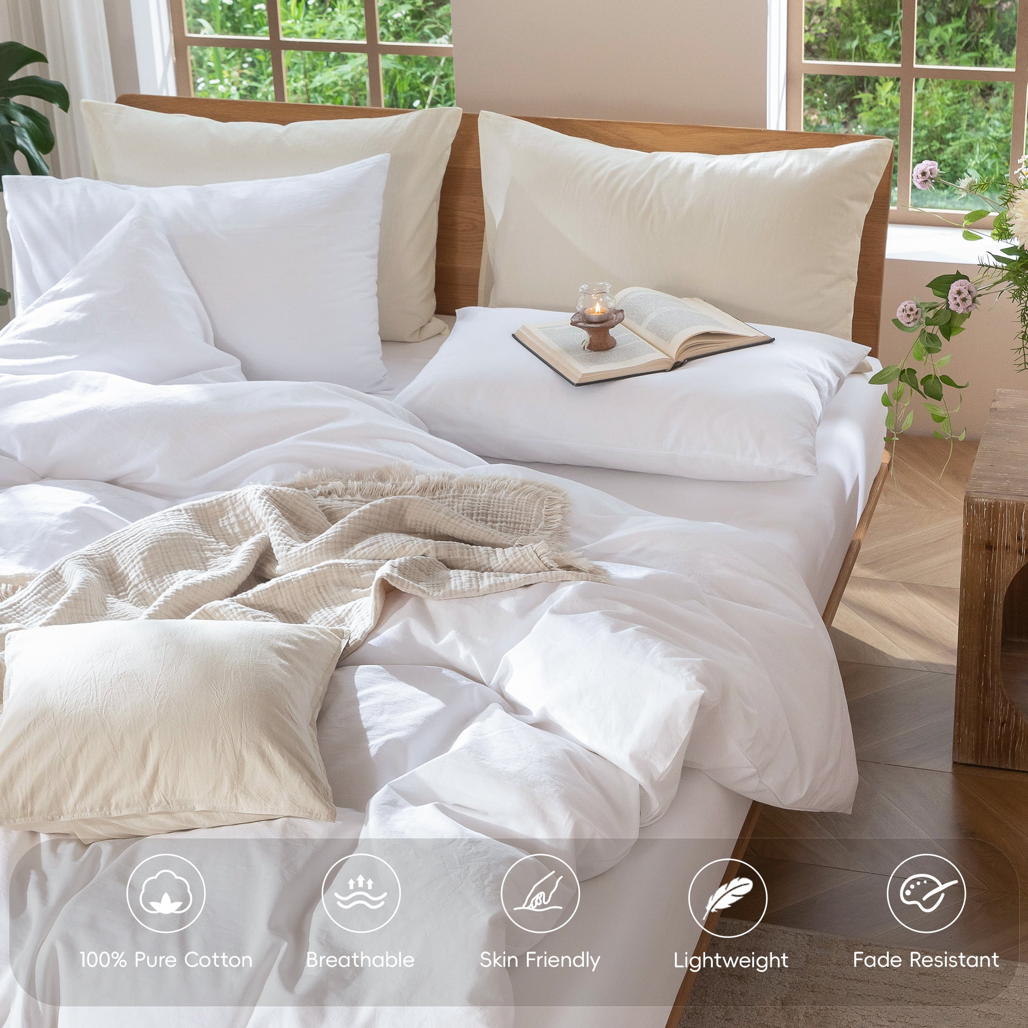 MooMee 100% Washed Cotton Duvet Cover Set King Size Linen Like Textured Breathable Lightweight 3-Piece (Bright White, 104"x90")