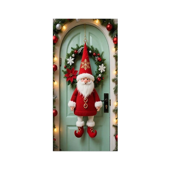 Uutvery 2025 New Christmas Door Cover Elastic, 35x72 Inch 3D Santa Claus Design Polyester Fabric, for Indoor Outdoor Front Door Decoration, Holiday Party Home Decor, Photography Backdrop