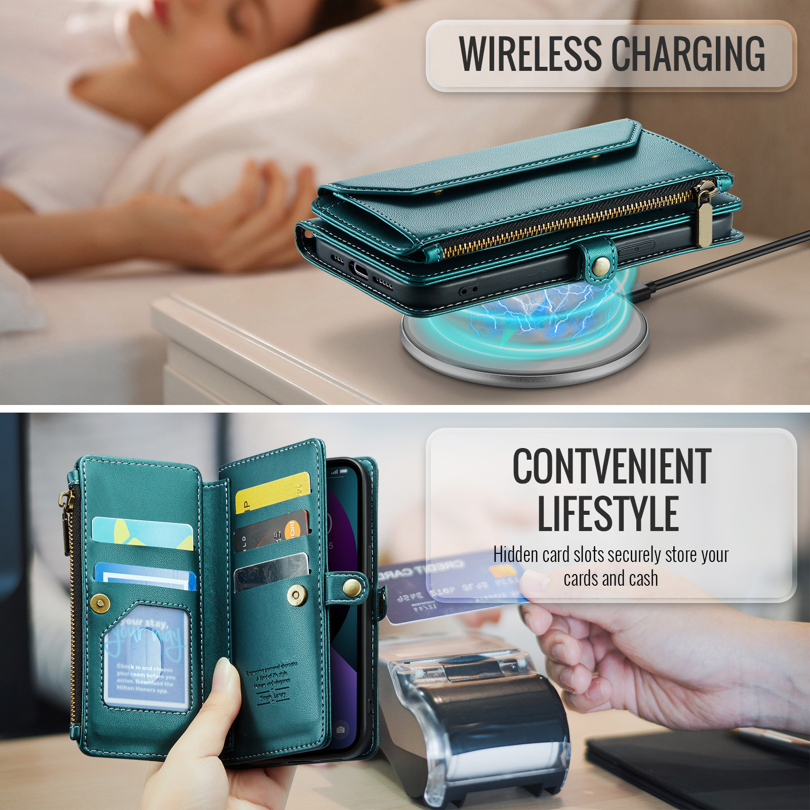 Compatible with iPhone 15 Plus 6.7 inch Zipper Wallet Phone Case Tempered Glass Screen Protector Crossbody Lanyard Strap Flip Card Holder Slot Cell Cover for i Phone15 15+ i15 + 15Plus Women Green