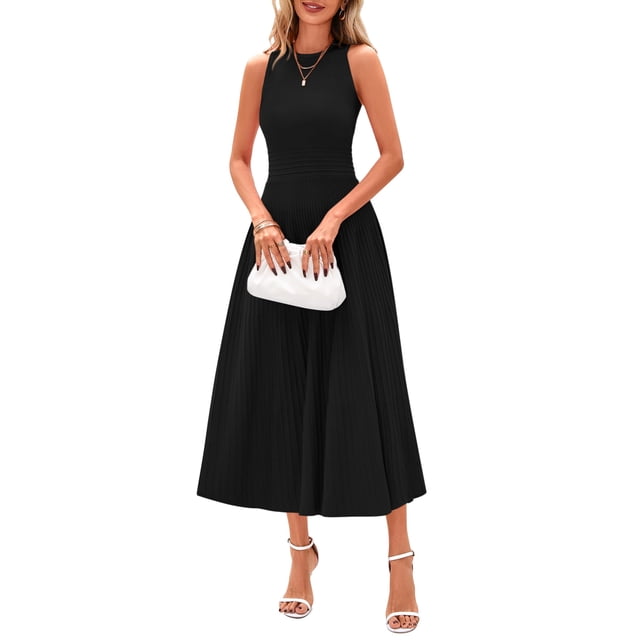 Vestido PRETTYGARDEN Negro Sin Mangas Línea A Plisado Midi Talla S