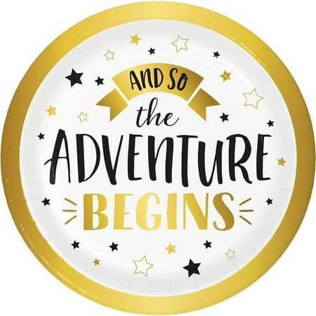 

7 in. Foil Adventure Begins Dessert Plates - 96 Count