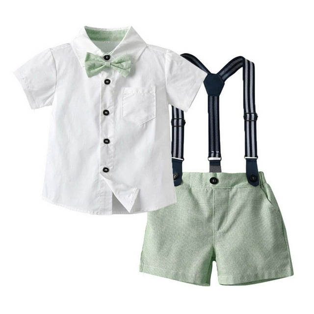 Penkiiy Ensemble de Chemise à Col à Revers à Manches Courtes pour Garçon, Haut à Manches Courtes pour Garçons et Short à Bretelles, Tenue pour Bébés Tout-Petits, Chemises, Ensemble de Performance pour Photographie Vert 4 Ans
