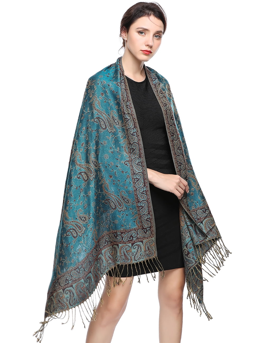 Pashmina Scarf Rave Women Scarves Luxury Paisley Shawl with Fringe Reversible Large Blanket Wrap 78.5" X27.5"(Peacock Blue)