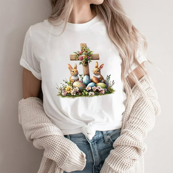 Cavosen Happy Easter Tops for Women Short Sleeve Summer Eggs Blessed Cross Print Pullover Shirts Crewneck Festival Blouse Vacation Holiday T Shirts Casual Dressy Stylish Tees S