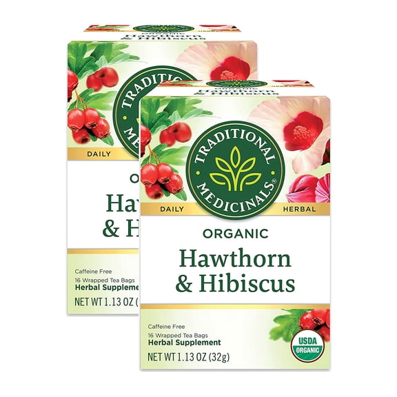 Traditional Medicinals Organic Hawthorn & Hibiscus Herbal Tea, Promotes Heart Health, (Pack of 2) - 32 Tea Bags Total