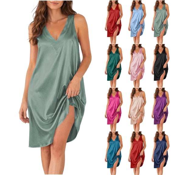 Akmaiox Nightgowns for Women Sleeveless V Neck Wide Strap Sleepwear Sleep Dress Lightweight Comfy Summer Loungewear Nightshirt S-2XL