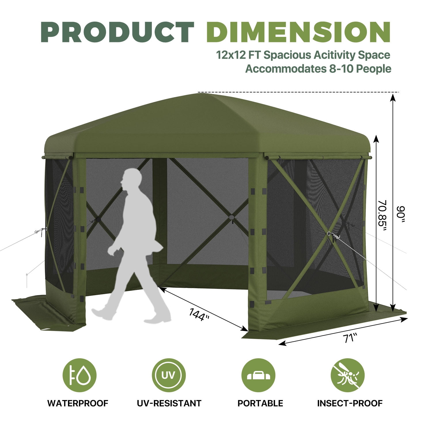 BaPiPro 12x12 FT Pop Up Gazebo with Removable Top for Stargazing, Outdoor Screen House with Sidewalls & Netting, Waterproof Canopy Tent for Patio, Backyard, Camping, Green