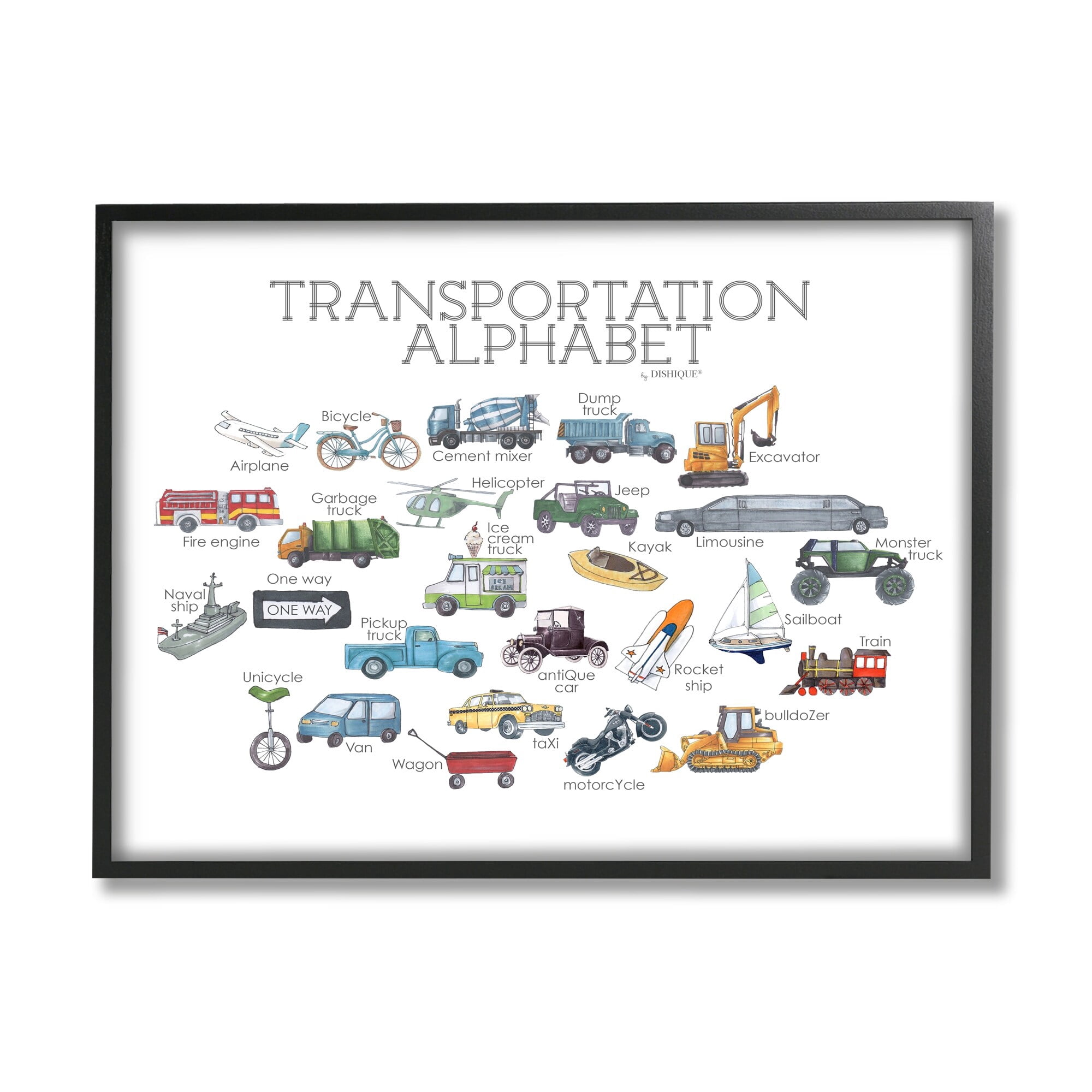 Stupell Industries Educational Transportation Alphabet Kids Learning Vehicles Cars Graphic Art Black Framed Art Print Wall Art, Design by Dishique
