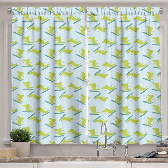 Ambesonne Gator Kitchen Curtains, Surfing Happy Crocodile, 55"x39", Pale Blue Yellow Green