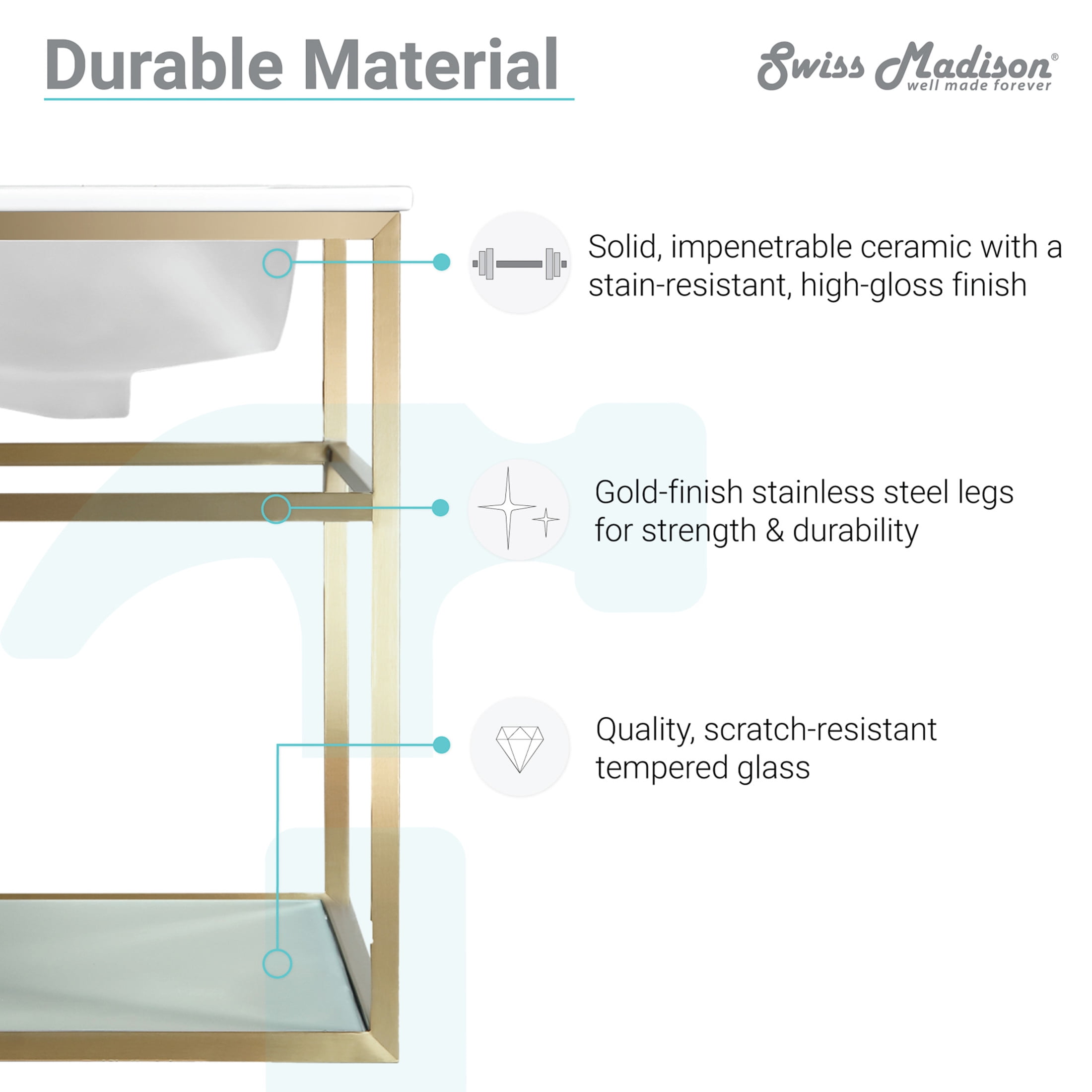 Pierre 48 Single, Open Shelf, Gold Metal Frame Bathroom Vanity