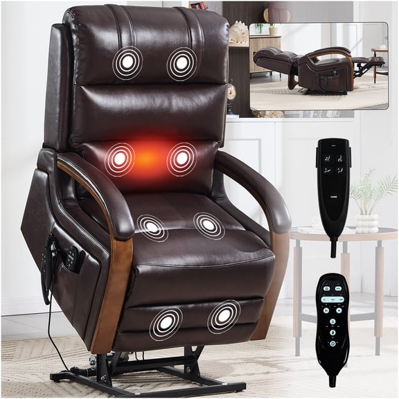 Brown Faux Leather Power Lift Recliner Chair with Heat and Massage, Dual Motor Reclining for Elderly, Infinite Positions, Solid Wood Armrests