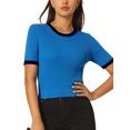 thumbnail image 1 of Unique Bargains Haut Ajusté en Tricot pour Femmes Col Rond Contraste Couleur Manches Courtes Pull Bleu m, 1 of 6