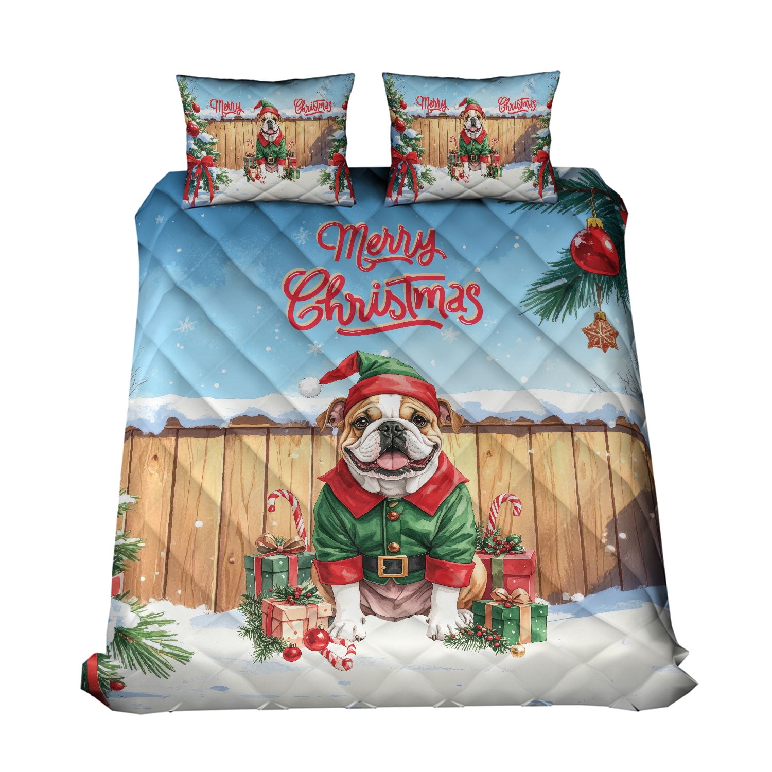 Merry Christmas Woofmas Xmas Noel Bulldog Elf Candy Cane Snow Quilt Bedding Set Dog Lover Gifts Idea 1 Blanket Bed Cover 2 Pillowcases - 13017