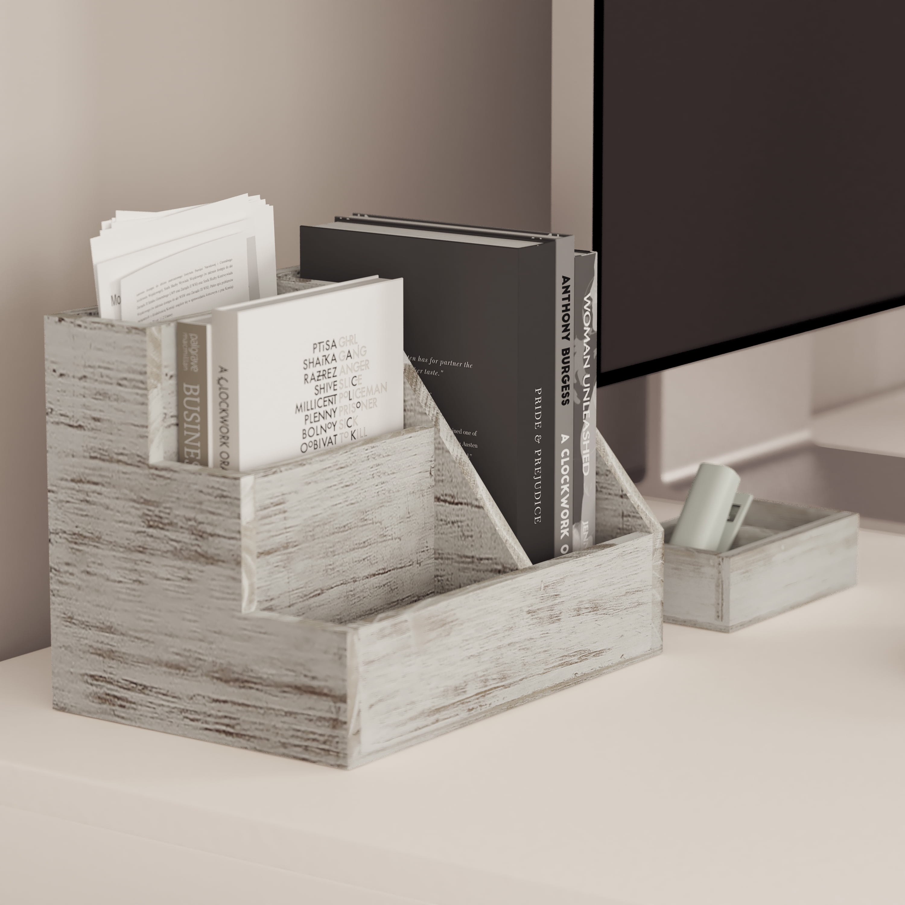 Merrick Lane 3 Piece Wooden Desk Organizer Set for Desktop, Countertop, or Vanity in Whitewashed