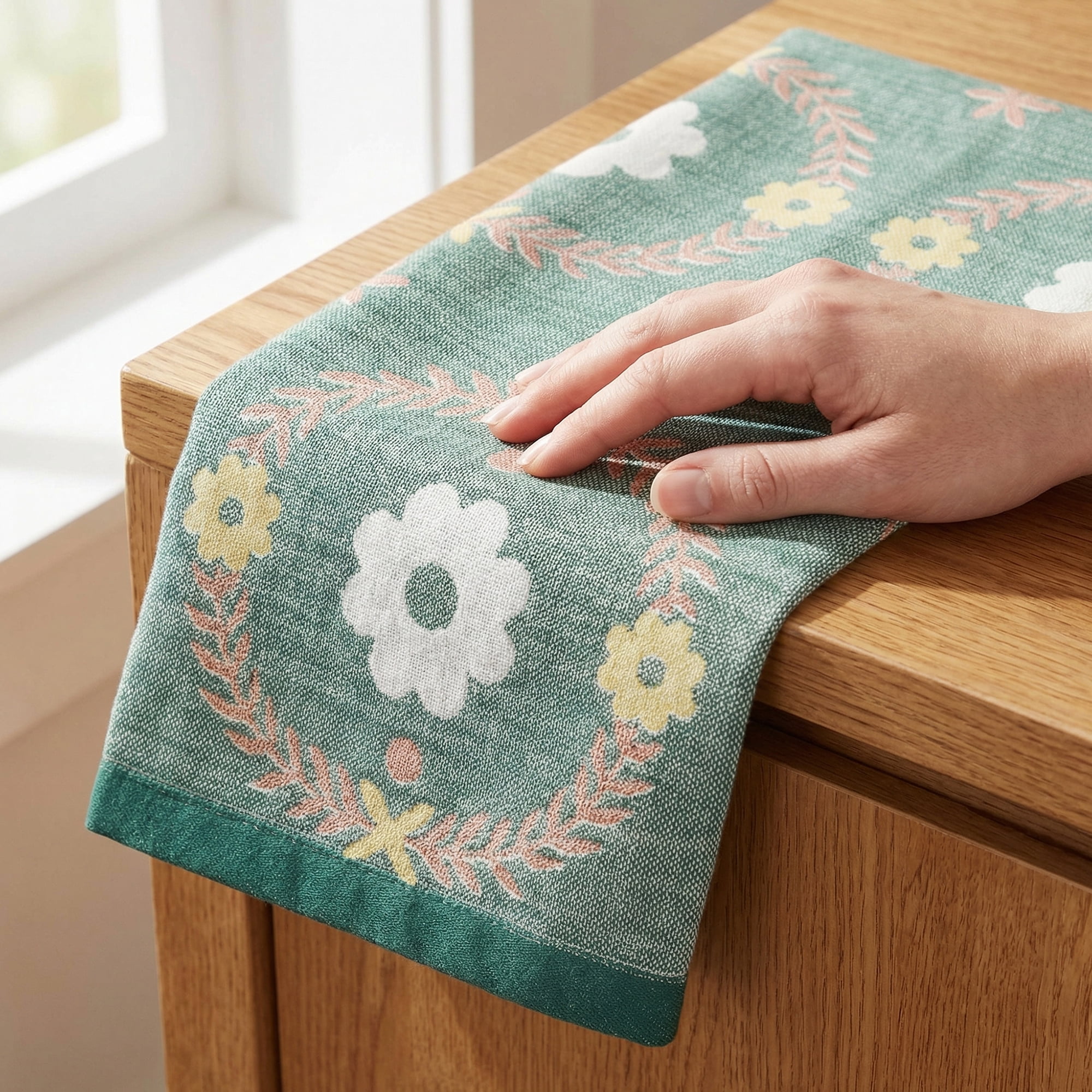 Unique Bargains Cotton Floral Jacquard Hand Towel Soft Absorbent Green/Grey 29" x 13"