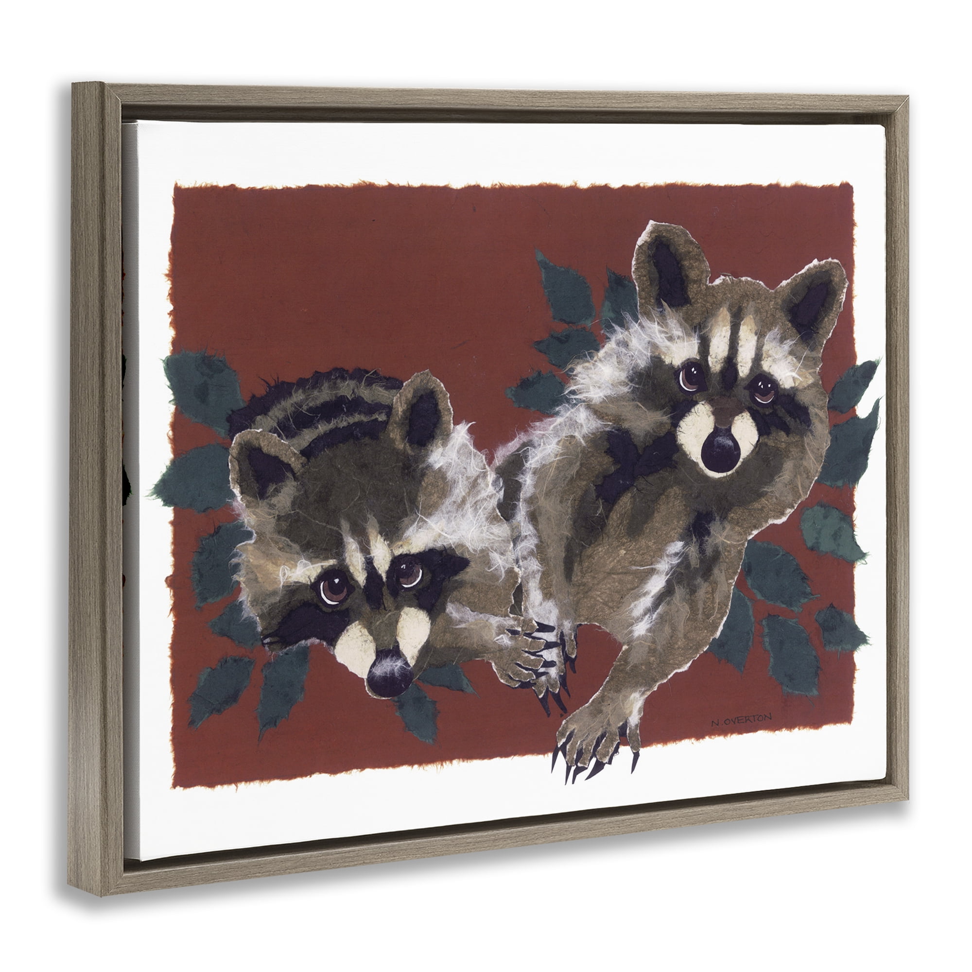 Stupell Industries Two Raccoons & Leaves Animals & Insects Painting Brown Floater Framed Canvas Art Print Wall Art, 21 x 17