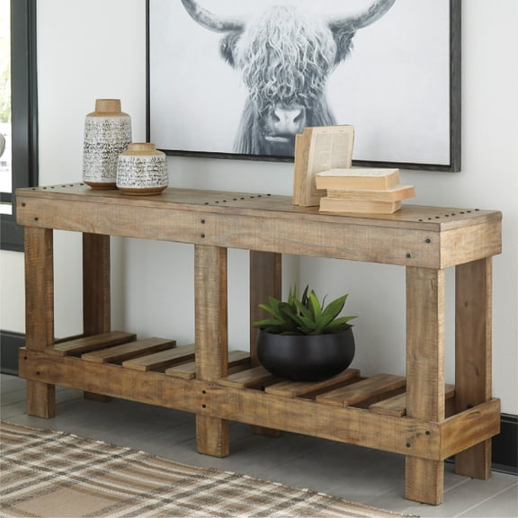 Signature Design by Ashley Susandeer Console Sofa Table, Light Brown Solid Wood Entryway & Sofa Table with Lower Shelf