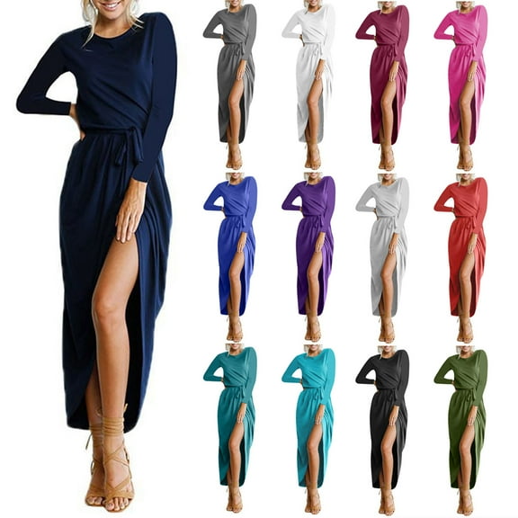 qolati Dresses for Women 2023 Fall Long Sleeve Elastic Waist High Slit Formal Dress Elegant Ruched Bodycon Wedding Guest Dresses 2023
