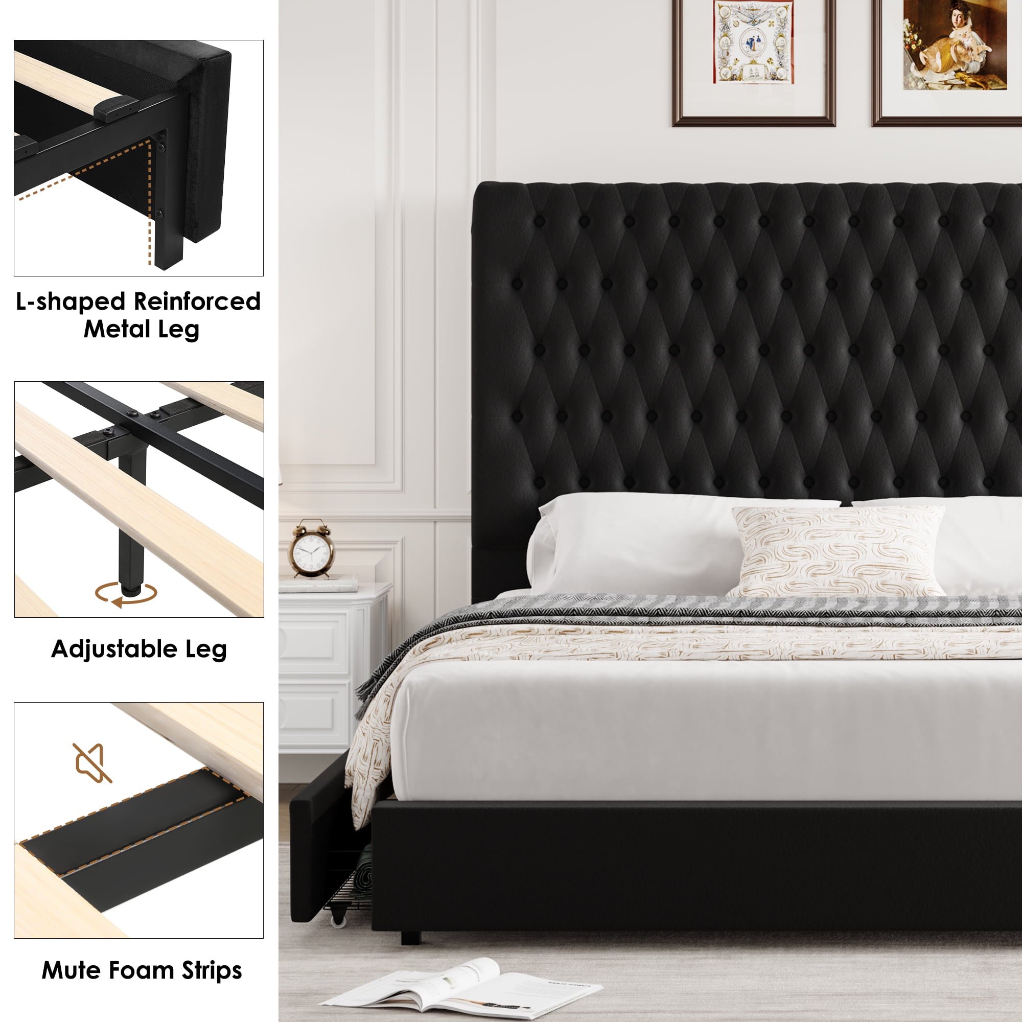 Homfa 54.7" Tall Headboard Bed Frame, Queen Size Storage Bed with Tall Headboard, Tall Upholstered Bed with Footboard and Drawers, Black