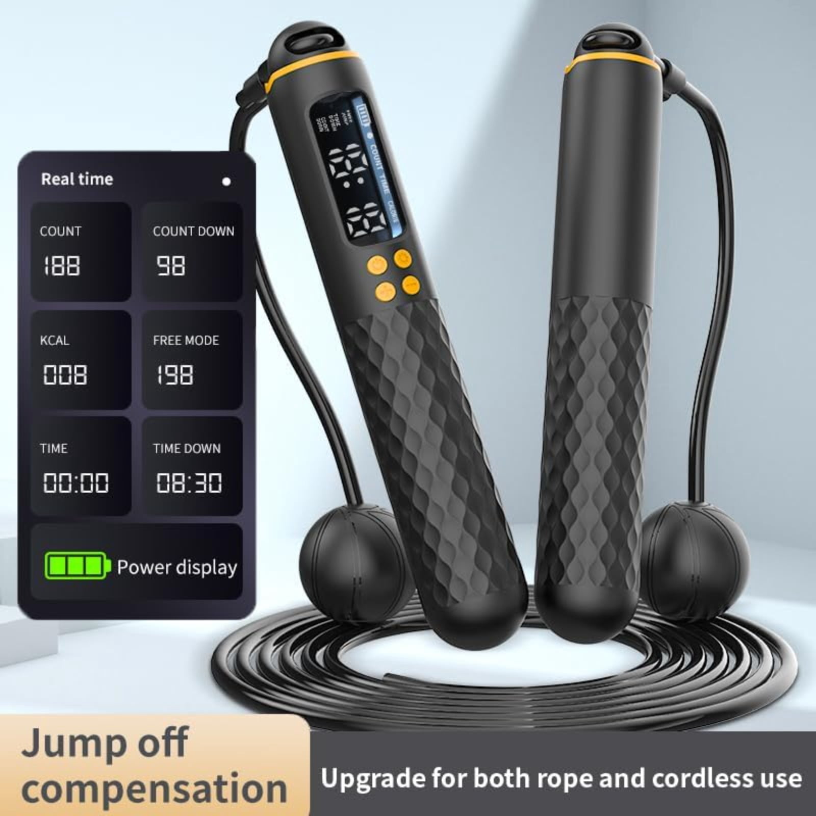 Digital Jump Rope with Calorie Counter, Weighted Handles for Men Women Kids, Includes 6 Sweatbands