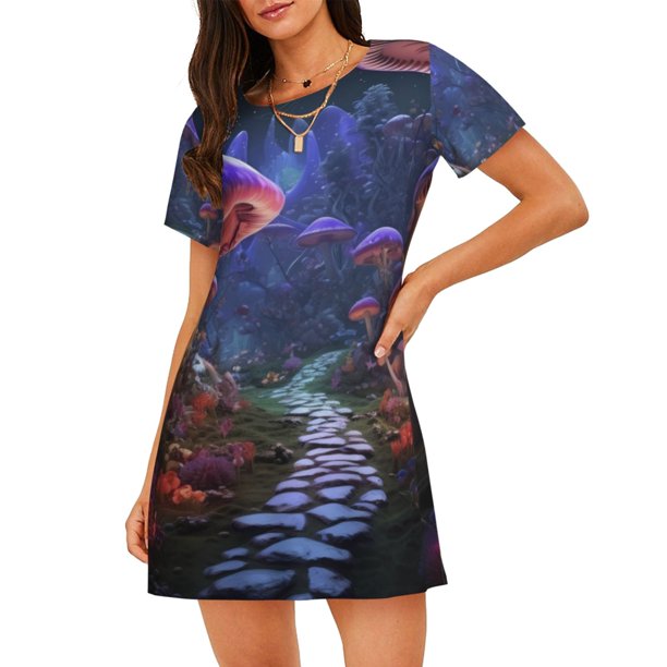Balery Jungle Path Glowing Mushrooms Camisón de manga corta con cuello redondo para mujer, cómodo y elegante.