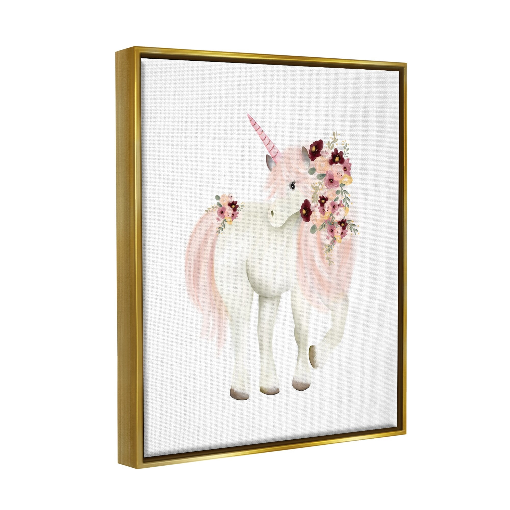Stupell Industries Floral Decorated Unicorn Pink Mane Fantasy Creature Graphic Art Metallic Gold Floating Framed Canvas Print Wall Art, Design by Studio Q