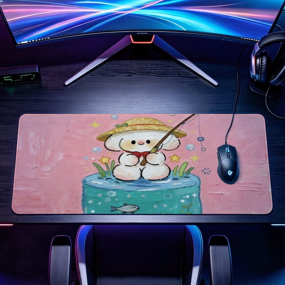 Extra Large cute dog fishing in oil painting style Mouse Pad,Non Slip Rubber Pad,Desktop Decoration Drotection Pad,Washable,Lock Edge Multi Size,Premium Multipurpose Mousepad