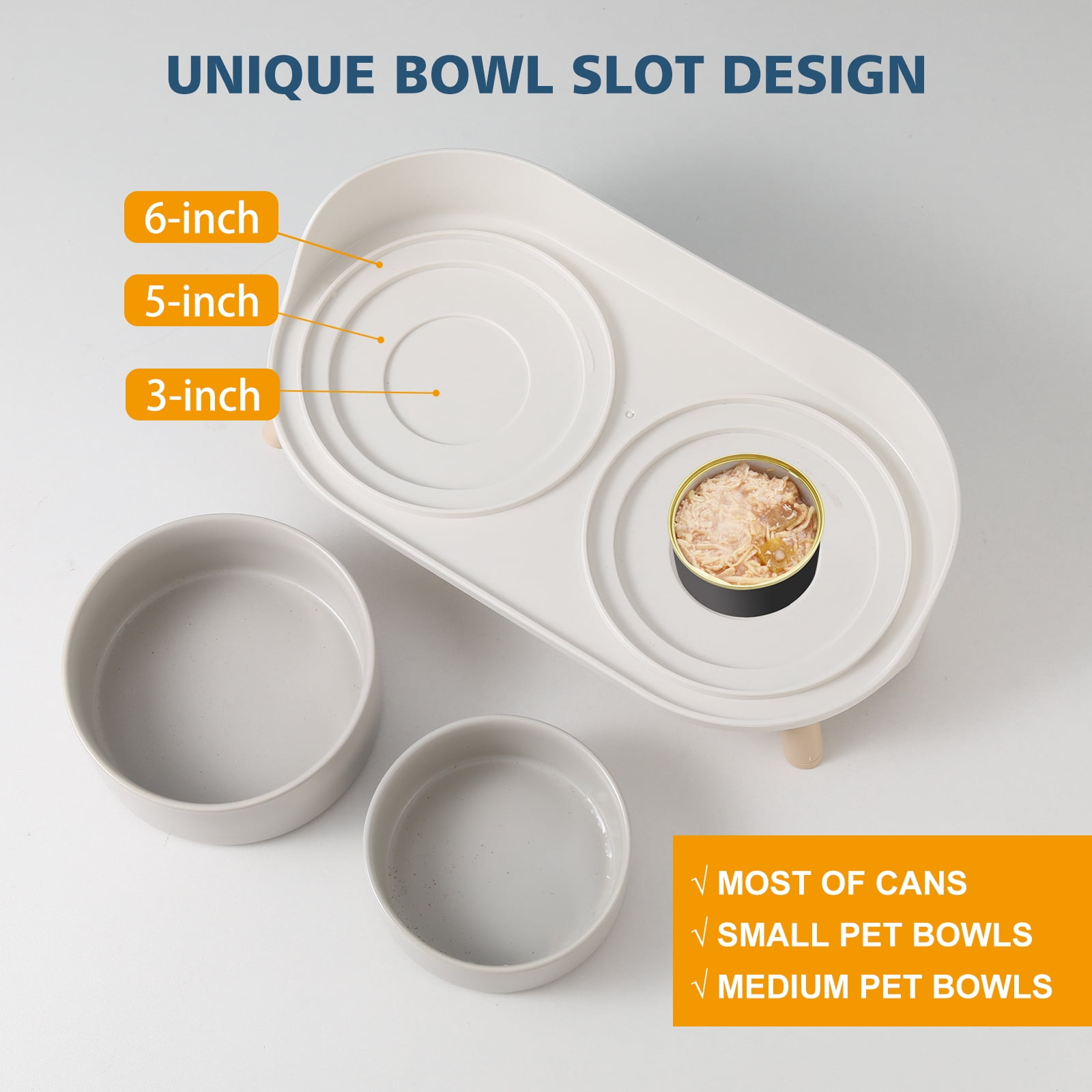 Cat Food Water Bowl Set - Raised Cat Bowls with Non Slip Stand - Elevated Puppy Bowls - Double Ceramic Cat Feeding Bowls - 2 x 480 ML - 16.23 OZ - Grey