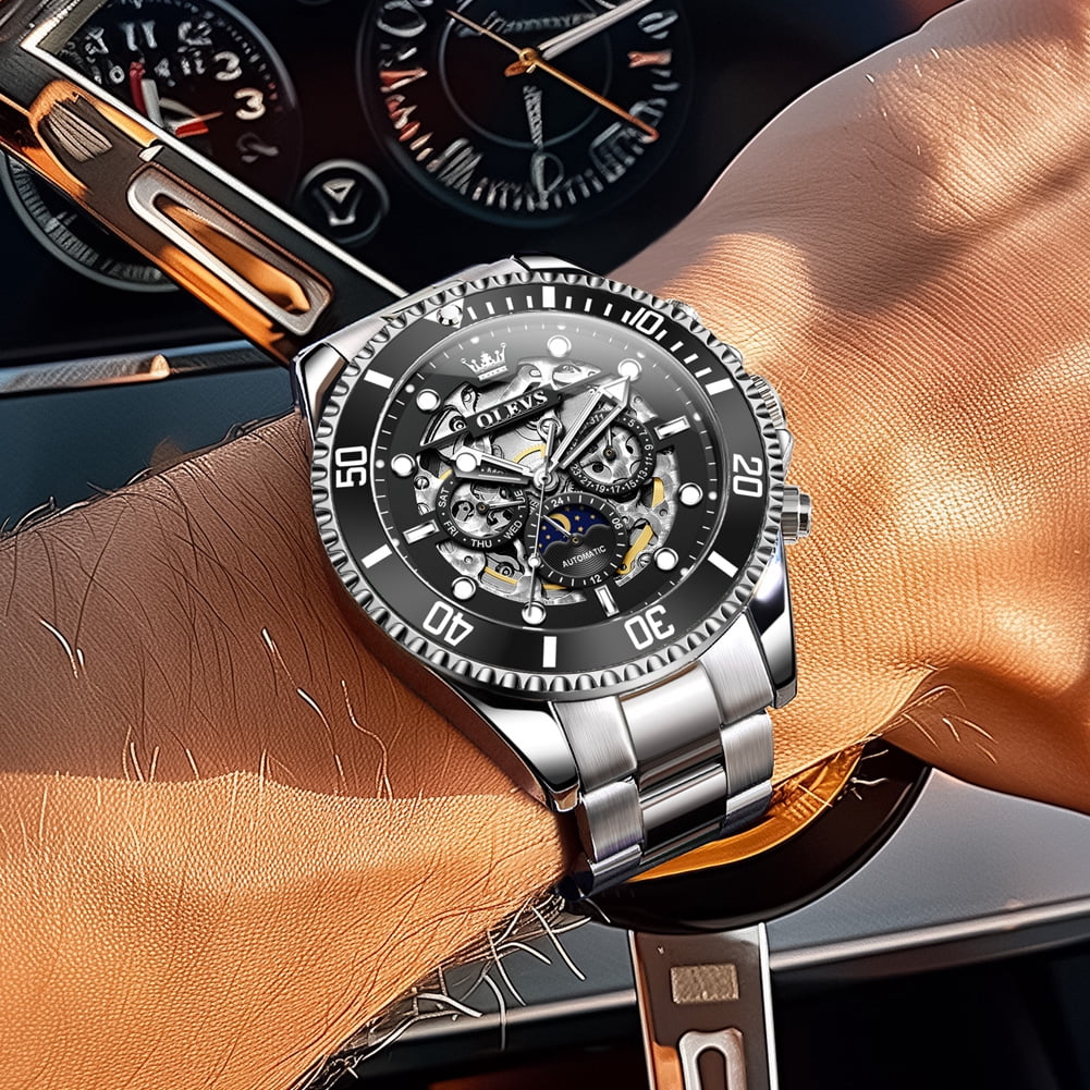 OLEVS Automatic Watches for Men Skeleton Self Winding Mechanical Fashion Dress Chronograph Moon Phase Stainless Steel Waterproof Luminous Mens Wrist Watches Gift Reloj Para Hombre