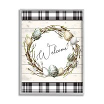 Stupell Industries Spring Speckled Robin Egg Welcome Wreath Patchwork Plaid, 16 x 20, Designed by ND Art
