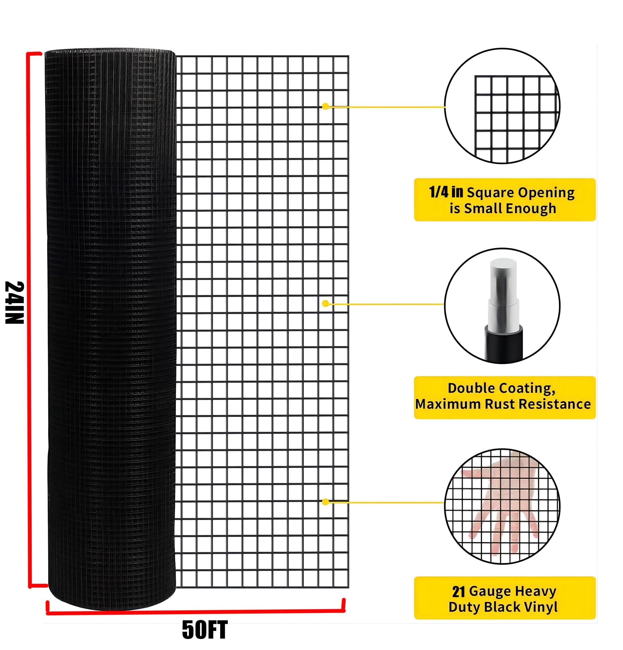24inx50ft Black Vinyl Coated Hardware Cloth, 21 Gauge 1/4 inch Black PVC Hardware Cloth, Black Welded Wire Fence Supports Poultry-Netting Cage-Home Improvement and Chicken Coop