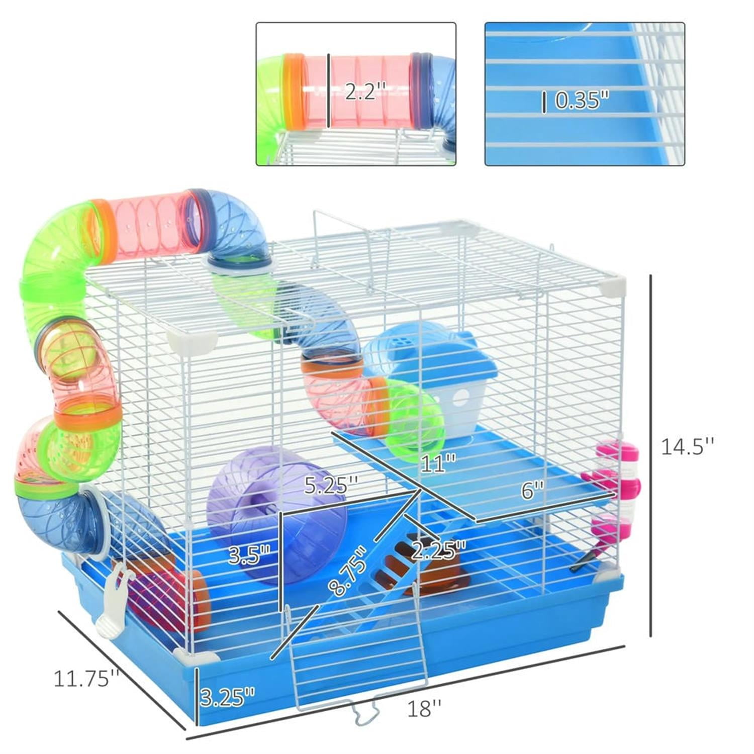 Kadyn 18" Large Hamster Cage, Gerbil Cage with Exercise Wheel, Water Bottle and Play Tubes for Syrian Gerbil, 2 Tiers Small Animal Habitats, Blue