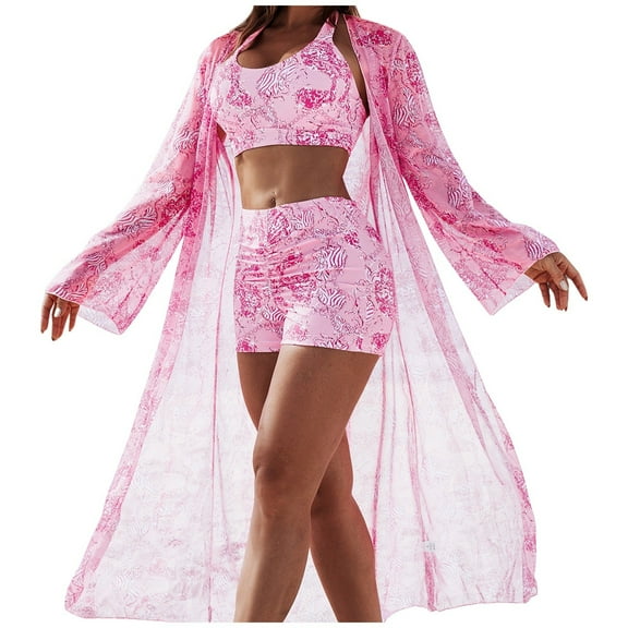 Women Swimsuits 3 Piece Swimsuit Long Sleeve Beach Cover Up Boho Swimsuit Set Blue XL