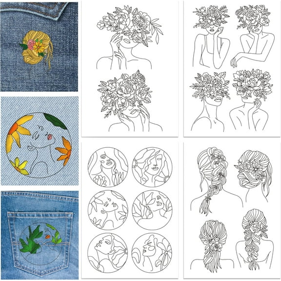 1 Set 4 Sheets 16Pcs Flower and Lady Water Soluble Stabilizer Hand Sewing Stabilizers with Pre Printed Stick and Stitch Self Adhesive Wash Away Stabilizer for Bags Cloth Embroidery Hand Sewing