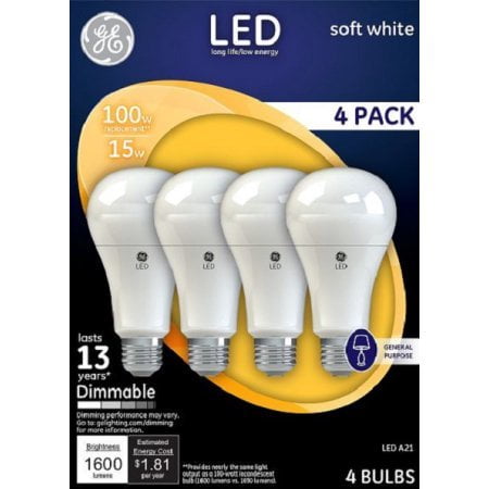 GE LED 17W Soft White General Purpose, A21 Medium Base, Dimmable, 4pk Light Bulbs