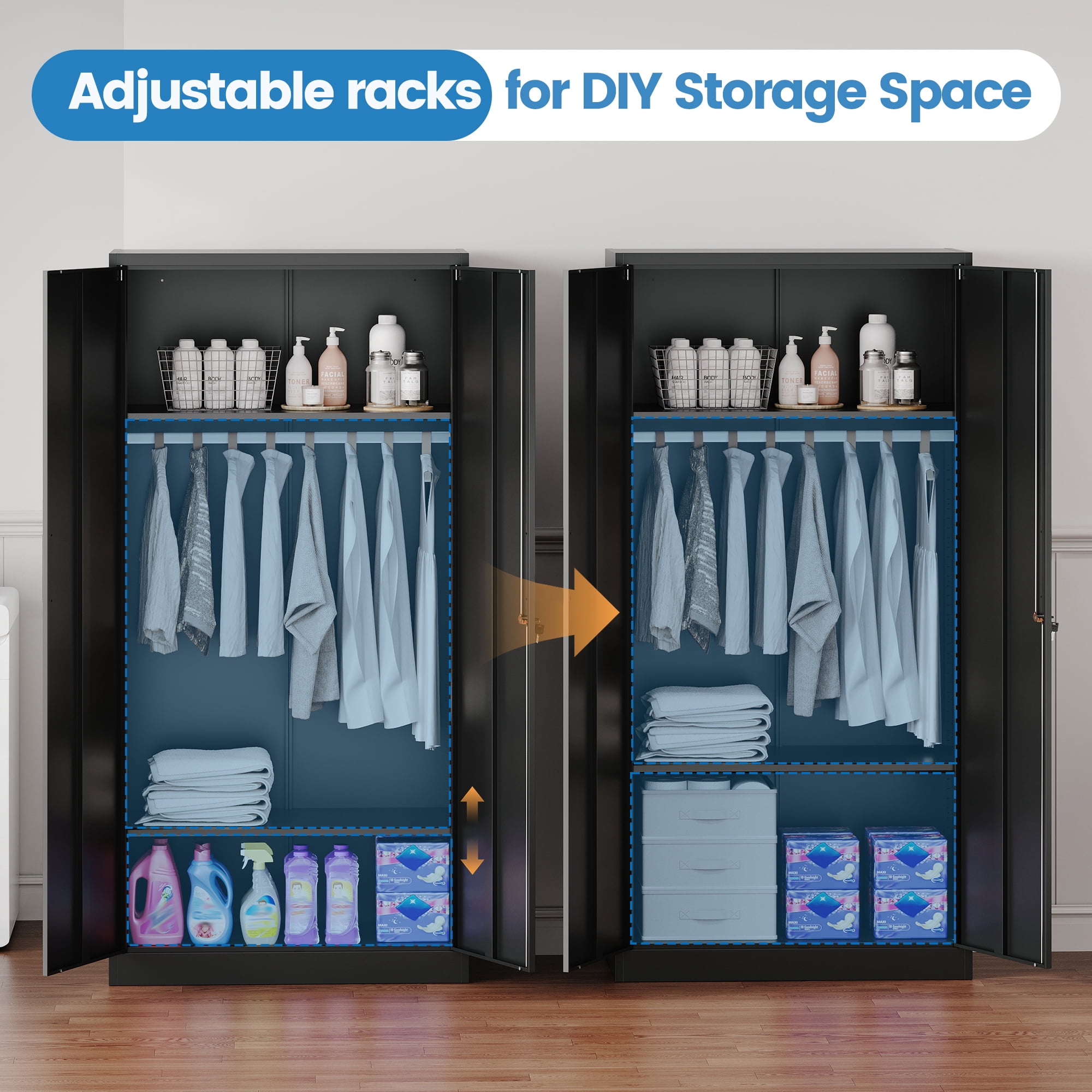 Fesbos Metal Wardrobe Cabinets with Lock, Clothing Locker 72" X 36" X 18" Storage Cabinets for Home Room,Fire Department, Employee,Gym,Government (Black)