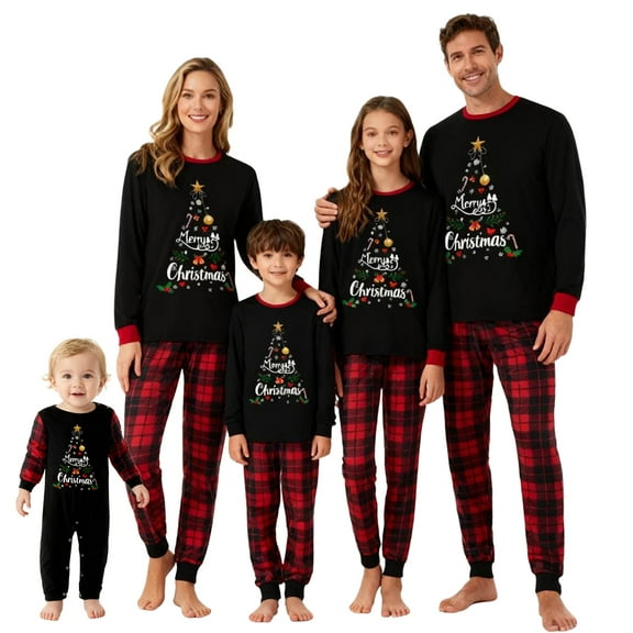 OupKisx Family Matching Christmas Pajamas Letter Print Long-Sleeved Tops Plaid Pant Sleepwear Outfits for Women