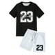 thumbnail image 1 of Playeras Cuello V Para Hombre, Conjunto De 2 Piezas De Camiseta De Manga Corta Con Cuello Redondo Y Pantalones Cortos Con Cordón Y Estampado De Letras Y Números, Adecuado Para El Verano, 1 of 5