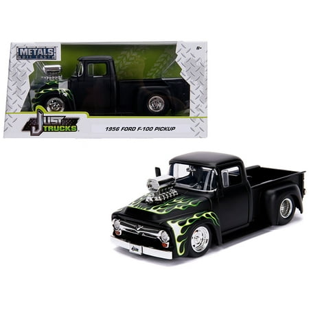 Ford F100 Pickup Truck - 1956 Ford F-100 Pickup Truck with Blower Matt Black with Flames
