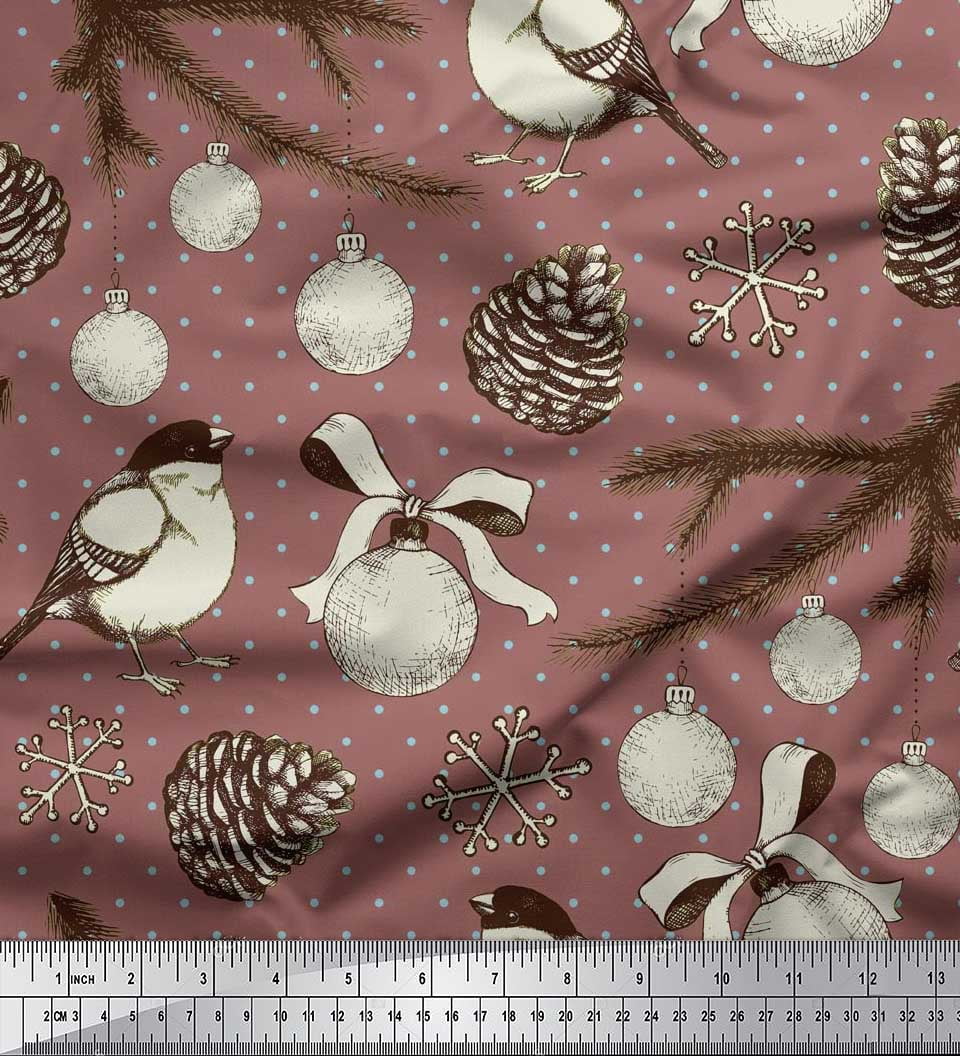 Soimoi Brown Cotton Duck Fabric American Robin, Baubles Christmas Print Sewing Fabric BTY 56 Inch Wide