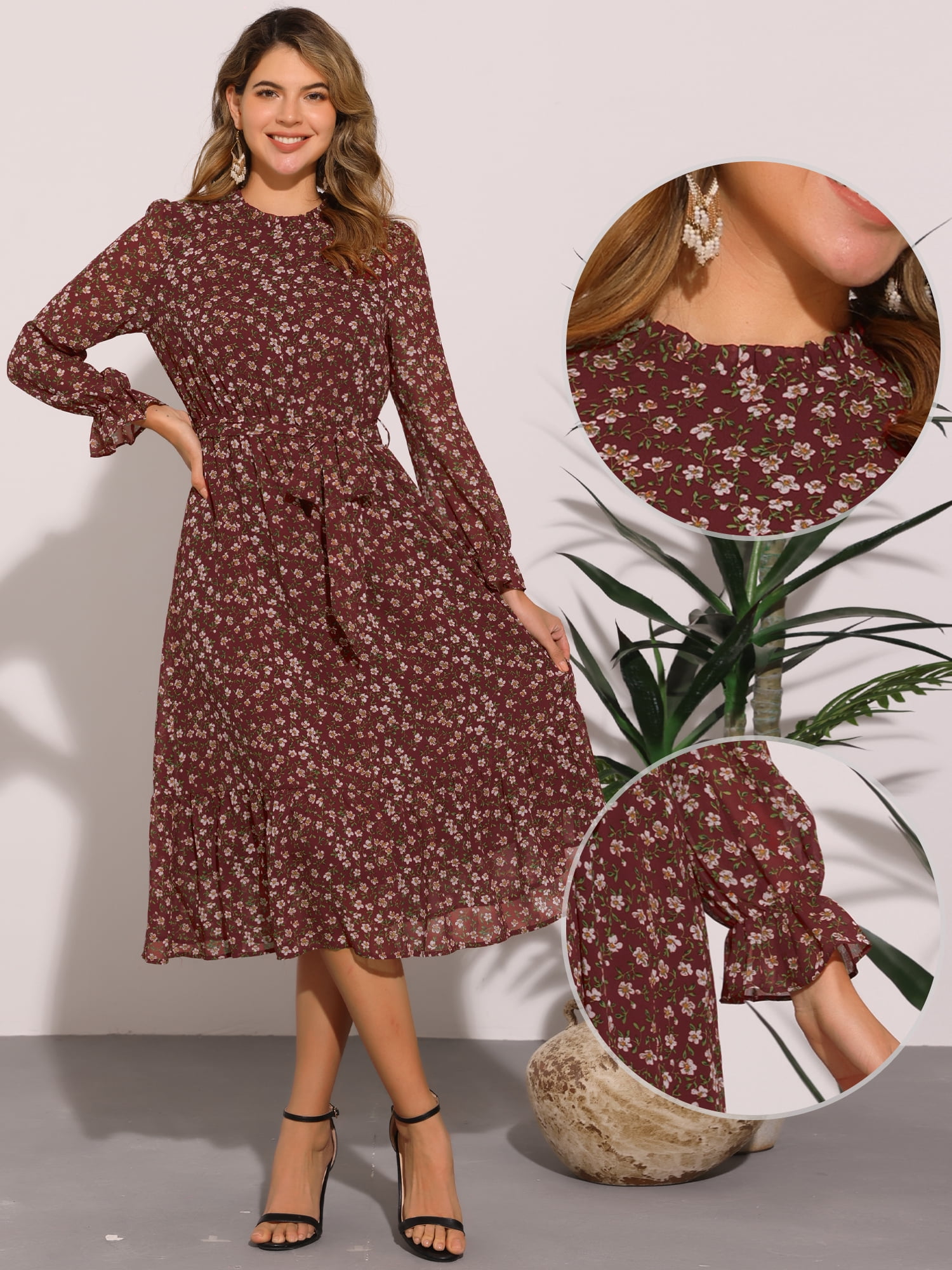 DARING DIVA Fall Floral Long Sleeve Chiffon Midi Dress S Wine Red