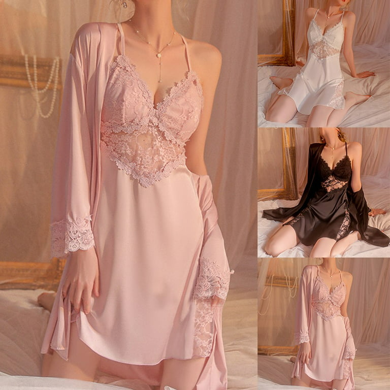 ALSLIAO Women Pajamas Sexy Perspective Lace Nightgown Homewear Sleeveless  Night Dress Black L 